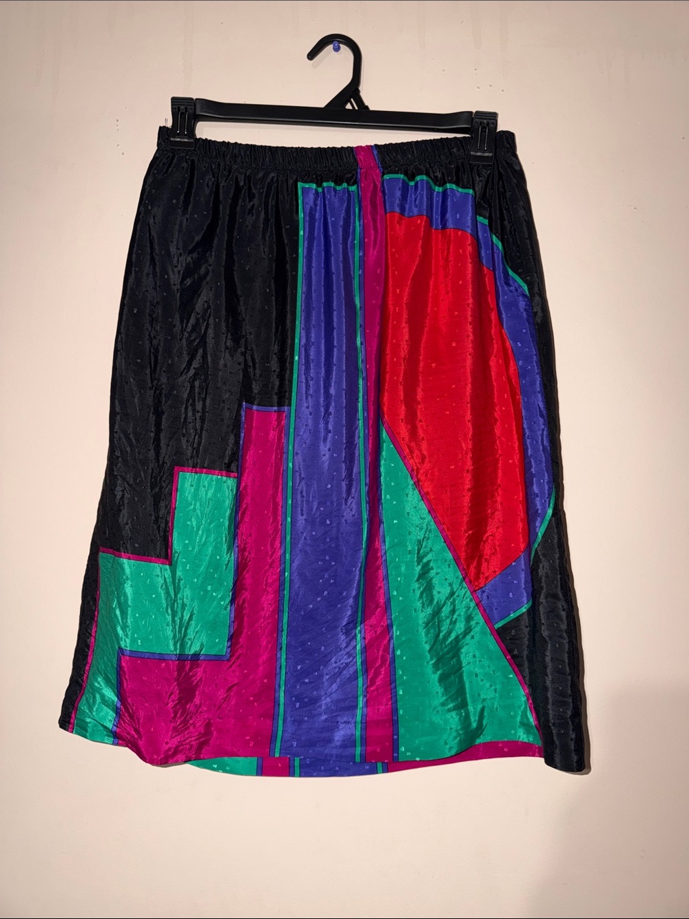Vintage Colorblock Midi Skirt in Black with Red, Purple & Teal Accents